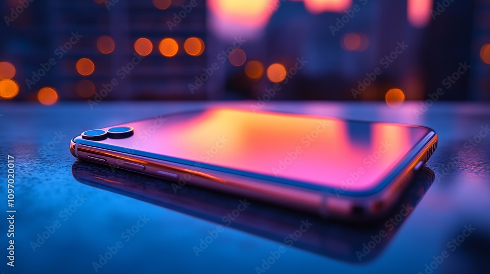 Smartphone reflecting sunset city lights. Smartphone reflecting sunset city lights.