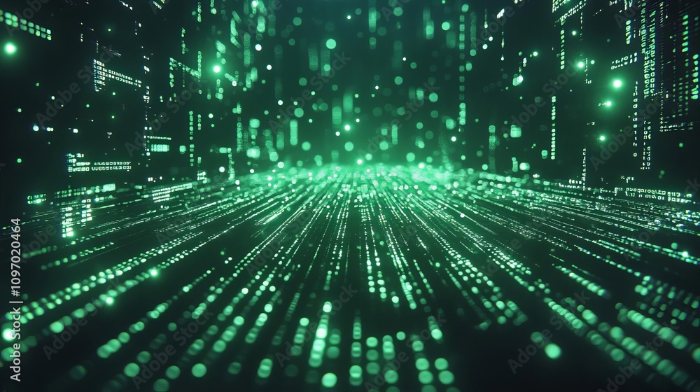 A stunning visual of dynamic green data streams flowing through a digital landscape, representing advanced technology in a futuristic setting. A stunning visual of dynamic green data streams flowing through a digital landscape, representing advanced technology in a futuristic setting.