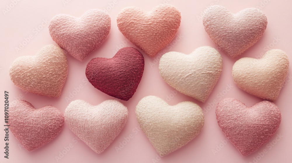 Fototapeta premium Colorful Fabric Hearts on Soft Pink Background for Romantic Decor