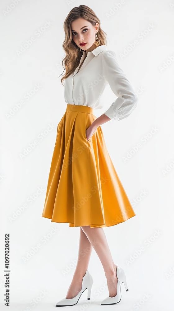 A Stunning Woman in a Fashionable Yellow Skirt and White Shirt Outfit; A Perfect Autumn/Spring Fashion Portrait A Stunning Woman in a Fashionable Yellow Skirt and White Shirt Outfit; A Perfect Autumn/Spring Fashion Portrait