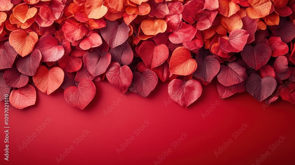 Vibrant Heart-Shaped Petals on a Rich Red Background Vibrant Heart-Shaped Petals on a Rich Red Background