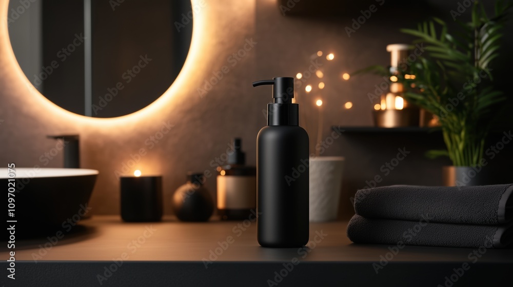 A black bottle of lotion sits on a counter next to a sink. The bottle is tall and slender, with a black cap. The sink is located next to a mirror, and there are several potted plants in the room A black bottle of lotion sits on a counter next to a sink. The bottle is tall and slender, with a black cap. The sink is located next to a mirror, and there are several potted plants in the room