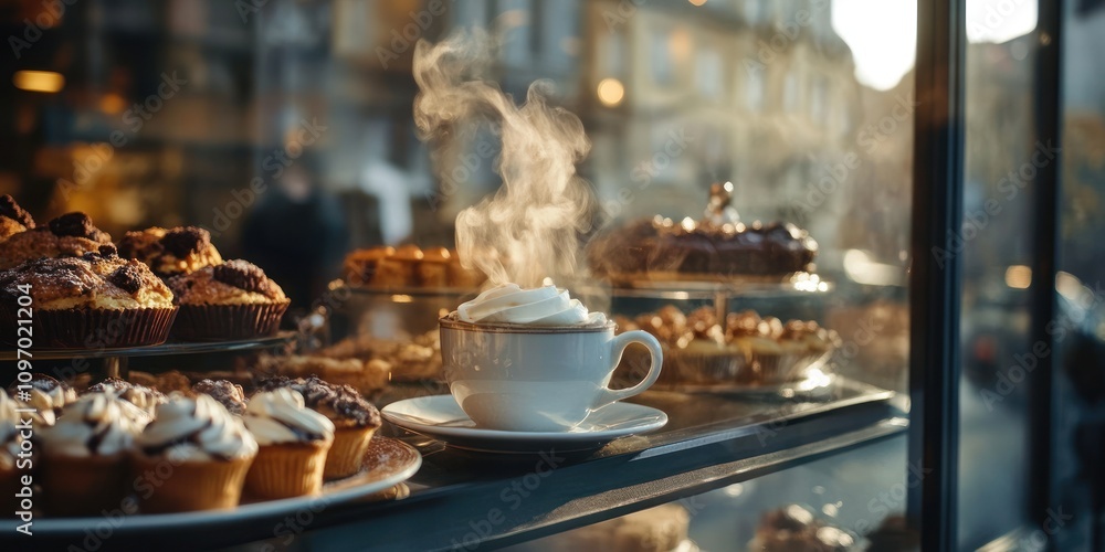 Steaming Coffee and Sweet Treats in a Pastry Shop Window Steaming Coffee and Sweet Treats in a Pastry Shop Window