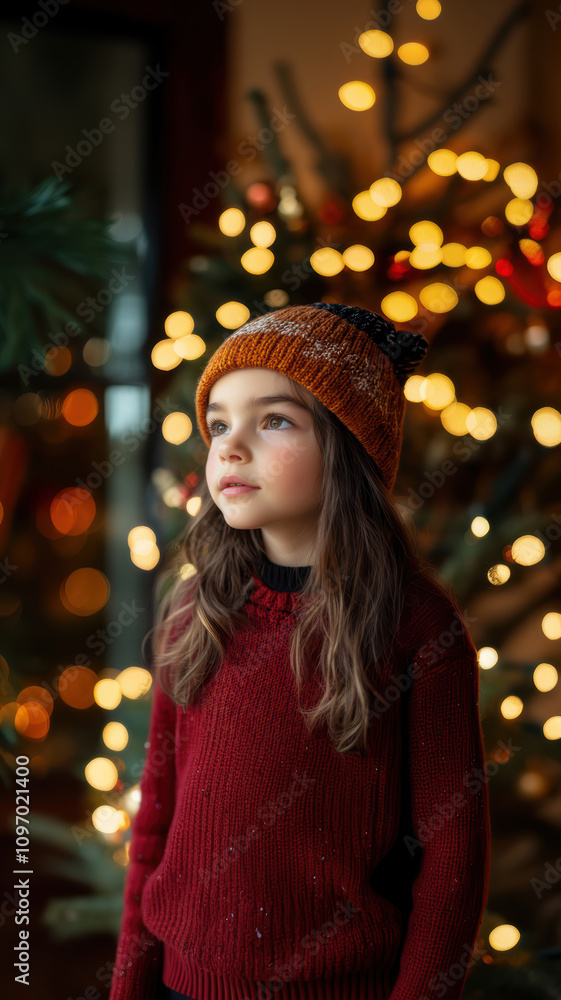 Girl in cozy sweater and hat illuminated by warm Christmas lights during a festive winter season Girl in cozy sweater and hat illuminated by warm Christmas lights during a festive winter season