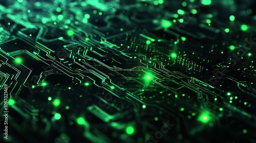 Close-up of green circuit board with glowing lines