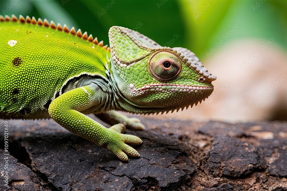 Fototapeta premium Detailed Close-Up Portrait of Leaf Green Chameleon Highlighting Unique Wildlife Characteristics