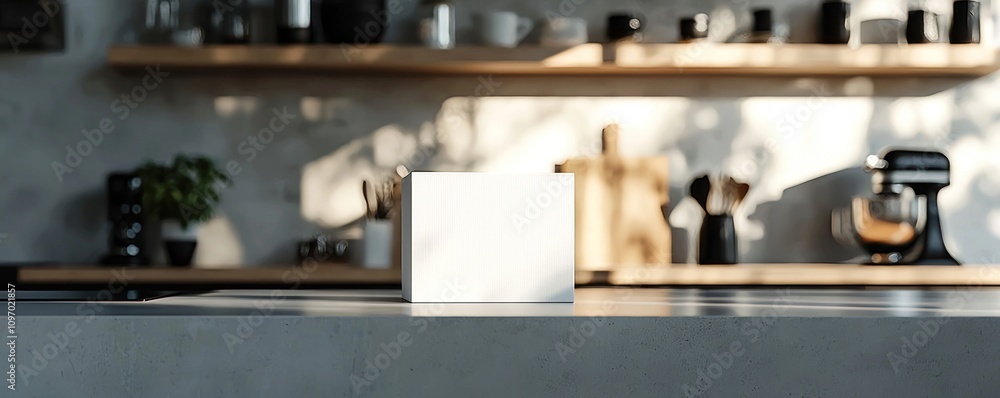 White Cube Mockup On Modern Kitchen Countertop White Cube Mockup On Modern Kitchen Countertop
