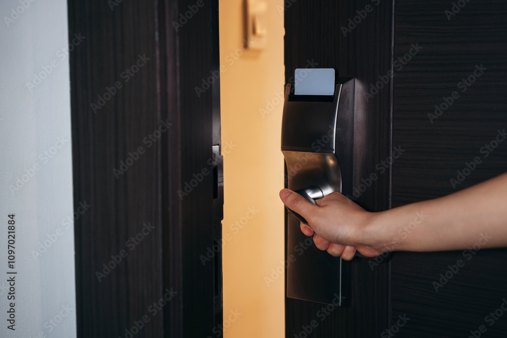 Electronic card key for open door in hotel. Smart card key to lock and unlock door. Security systems and protection concept. Electronic card key for open door in hotel. Smart card key to lock and unlock door. Security systems and protection concept.