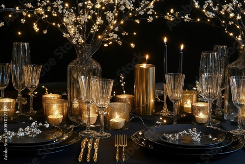 Elegant New Yeara??s Eve setting with a table adorned with sparkling lights, candles, and festive decor to ring in 2025 photo