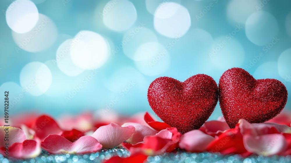 Romantic Red Hearts on a Bed of Petals with Soft Bokeh Background Romantic Red Hearts on a Bed of Petals with Soft Bokeh Background