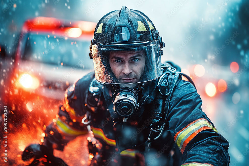 Experienced firefighter in action pose, emergency vehicle background. Experienced firefighter in action pose, emergency vehicle background.