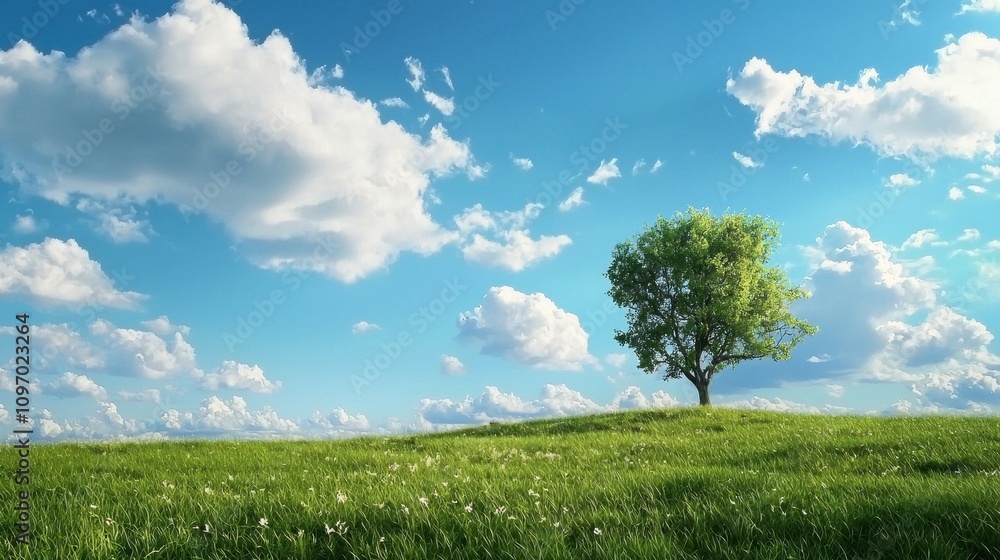 Obraz premium Beautiful Green Tree on Hill Under Dramatic Blue Sky and Clouds