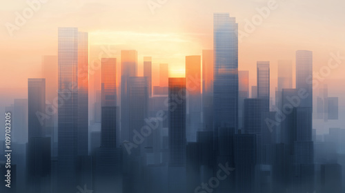 A serene cityscape featuring modern skyscrapers bathed in soft sunlight, with a dreamy haze creating a tranquil and futuristic atmosphere.