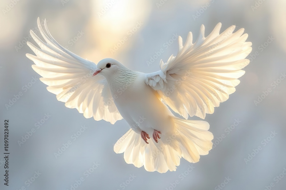 dove captured in flight against a pristine white background, symbolizing peace and freedom, with delicate feather details and soft, ethereal lighting enhancing its grace dove captured in flight against a pristine white background, symbolizing peace and freedom, with delicate feather details and soft, ethereal lighting enhancing its grace