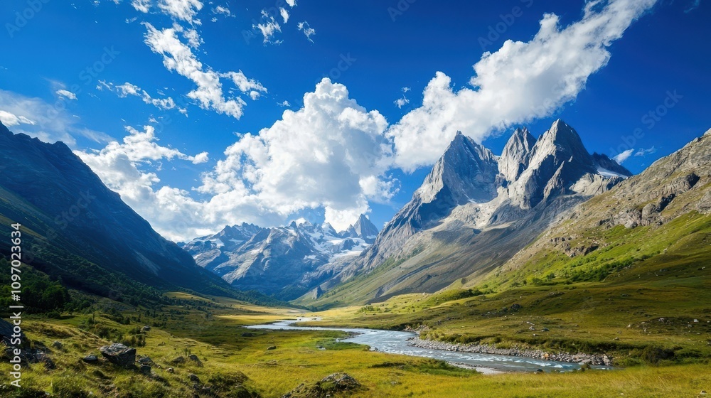 Majestic Mountain Landscape with River and Cloudy Blue Sky Majestic Mountain Landscape with River and Cloudy Blue Sky