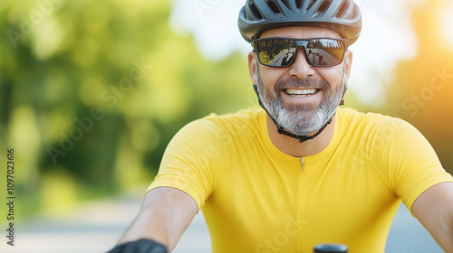 A cheerful cyclist in bright yellow gear enjoys a sunny ride, embodying the spirit of outdoor adventure and an active, healthy lifestyle. photo