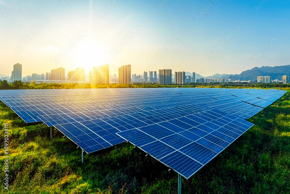 Expansive solar panel farm in a green field, harnessing the sun energy for clean, sustainable power. Solar energy plant with rows of panels in an eco-friendly setting, capturing sunlight