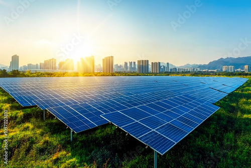Obraz na płótnie Expansive solar panel farm in a green field, harnessing the sun energy for clean, sustainable power. Solar energy plant with rows of panels in an eco-friendly setting, capturing sunlight w salonie