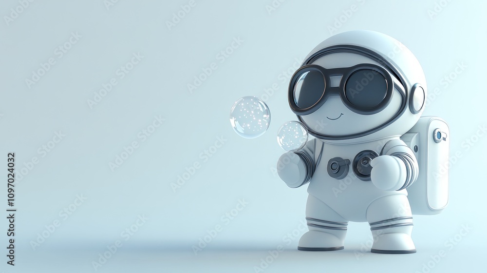 A cute astronaut figure blowing bubbles in a minimalist setting. A cute astronaut figure blowing bubbles in a minimalist setting.