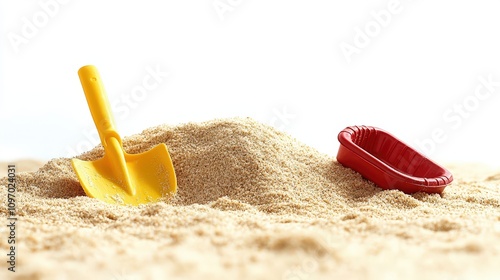 A yellow shovel and a red toy boat resting on a mound of sand, suggesting beach play.