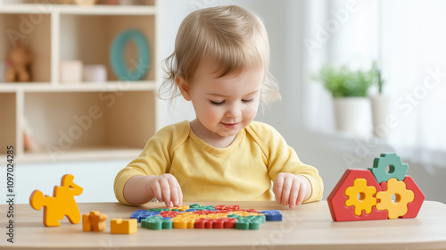 A toddler in a yellow shirt focuses on assembling colorful puzzle gears, fostering creativity and problem-solving skills in a bright, child-friendly environment. photo