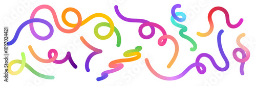 Color gradient lines. Wavy rainbow gradient swirly shapes, colorful iridescent fluid dynamic ribbons. Flowing spiral strokes vector isolated set.