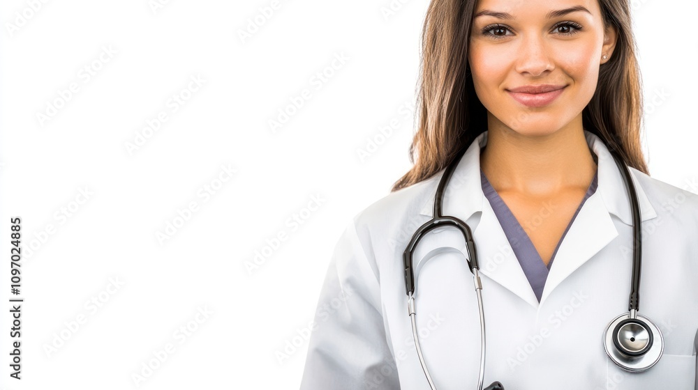 A smiling female doctor in a white coat with a stethoscope around her neck. A smiling female doctor in a white coat with a stethoscope around her neck.
