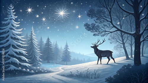 Majestic deer in a snowy winter forest under a glowing night sky