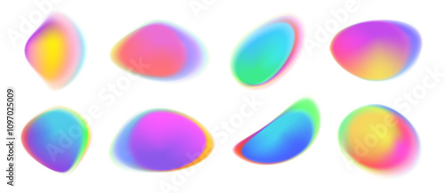 Color gradient circle. Holographic iridescent shapes, abstract color round blobs with soft blend of neon light, vibrant gradient blur liquid circles. Vector set.