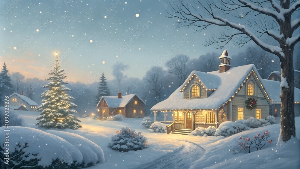 Fototapeta premium Snowy village with glowing holiday lights and a cozy atmosphere