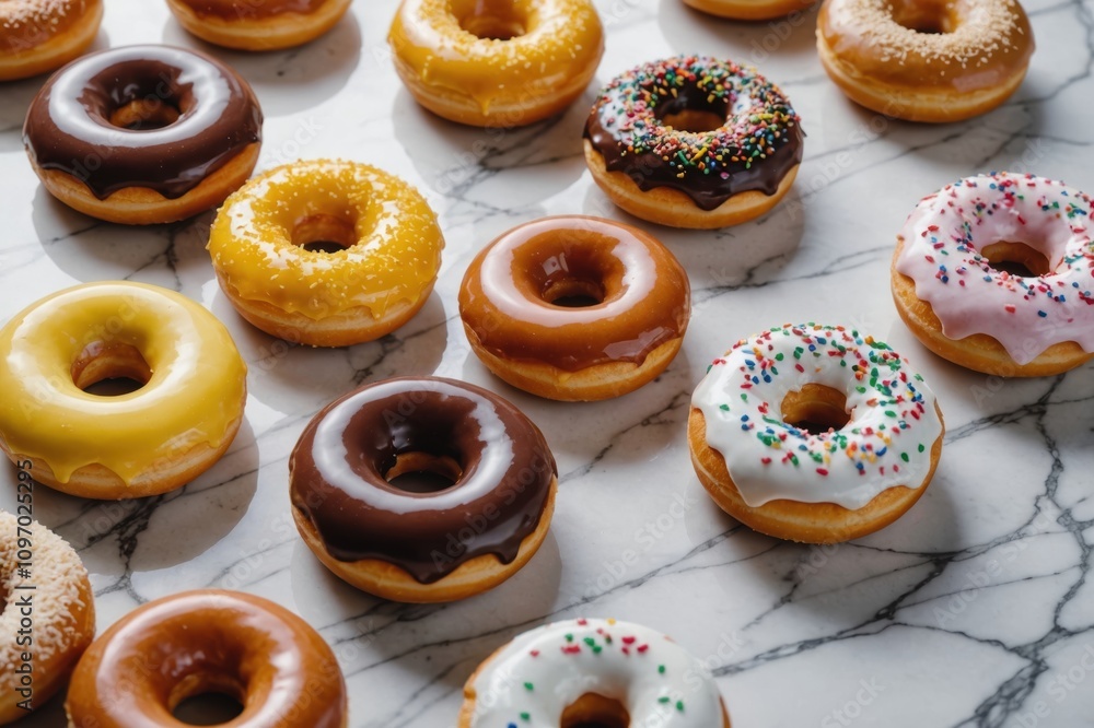 Variety of doughnuts on marble background Variety of doughnuts on marble background