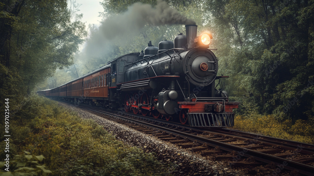 Fototapeta premium Vintage Steam Train Journey Through Lush Forest