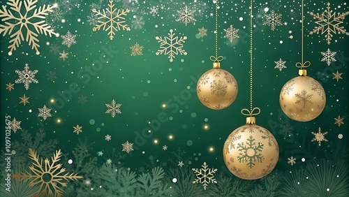 Elegant green holiday background with golden ornaments and snowflakes