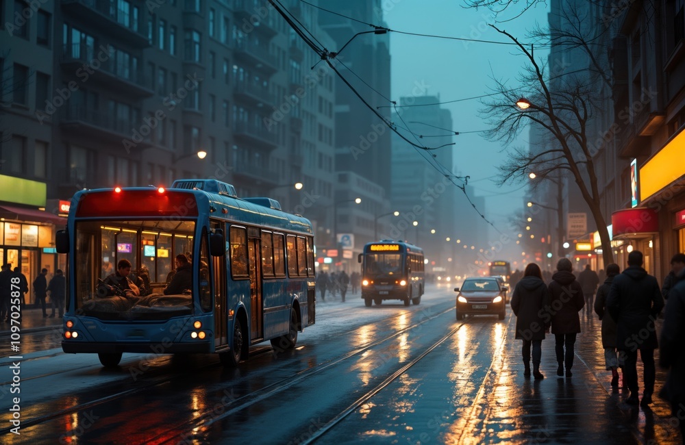 City bus on wet street at dusk. Passengers inside. Other vehicles traffic. People walk on sidewalk near shops. Urban night scene. Evening commute. Public transport. Cityscape. Winter. Cold weather. City bus on wet street at dusk. Passengers inside. Other vehicles traffic. People walk on sidewalk near shops. Urban night scene. Evening commute. Public transport. Cityscape. Winter. Cold weather.