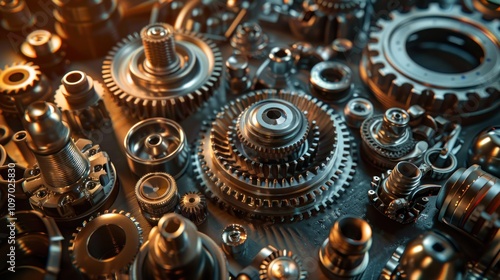 A close-up shot of various metal gears and other machine parts scattered on a dark background.