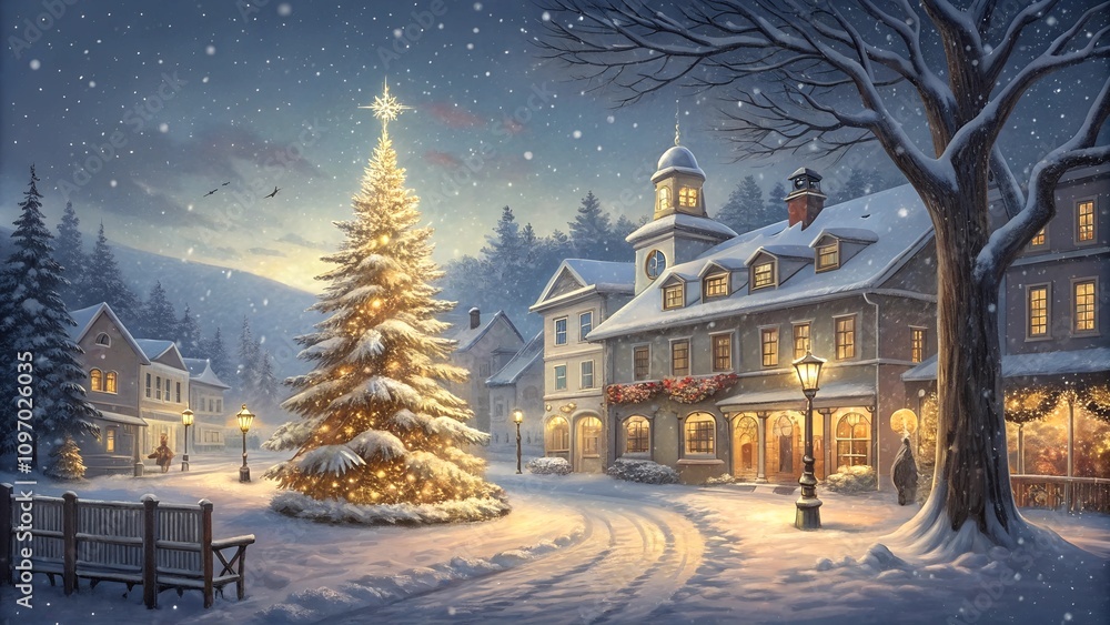 Obraz premium Glowing Christmas tree in a snowy town square with festive lights