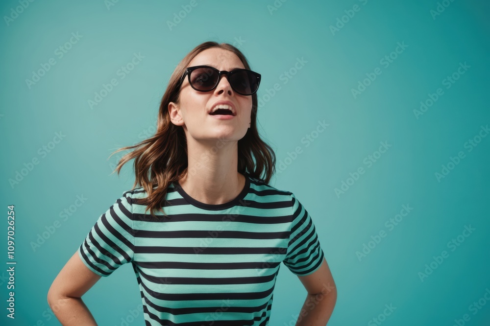 Amazed girl in striped wear and stylish black sunglasses looking up and shouting while standing on turquoise background in light studio Amazed girl in striped wear and stylish black sunglasses looking up and shouting while standing on turquoise background in light studio