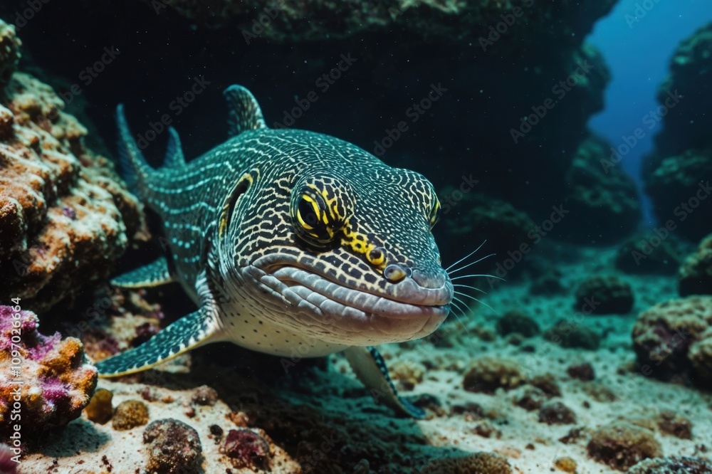 Closeup of barredfin moray or bartail moray Gymnothorax zonipectis marine fish hiding in underwater cave during hunting in deep ocean water Closeup of barredfin moray or bartail moray Gymnothorax zonipectis marine fish hiding in underwater cave during hunting in deep ocean water