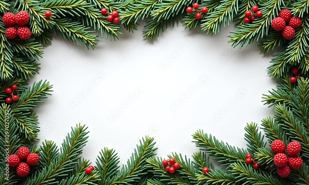 Green frame made of natural coniferous branches decorated with artificial red berries and cones. Frame isolated on white background, copy space Green frame made of natural coniferous branches decorated with artificial red berries and cones. Frame isolated on white background, copy space