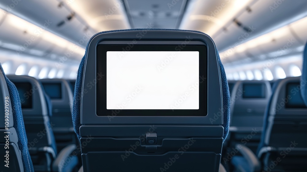 Interior view of an airplane seat with an empty screen. Interior view of an airplane seat with an empty screen.