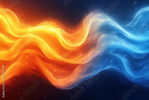 dynamic abstract background filled with swirling waves of yellow, orange, and blue, glowing with energy, creating a vibrant and eye-catching visual texture, suitable for modern designs