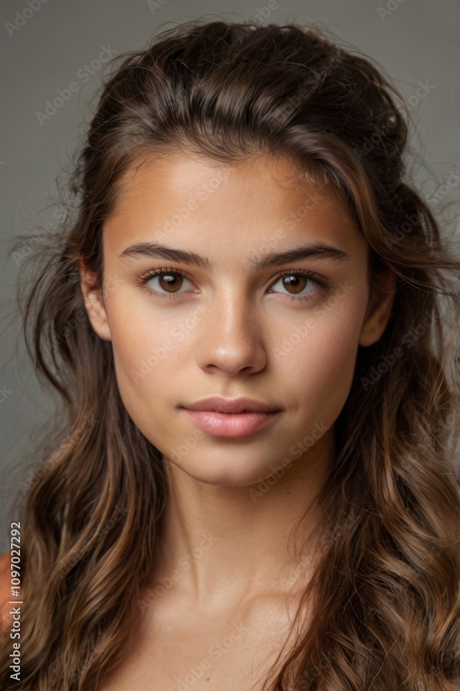 Naklejka premium young woman with long wavy brown hair and brown eyes