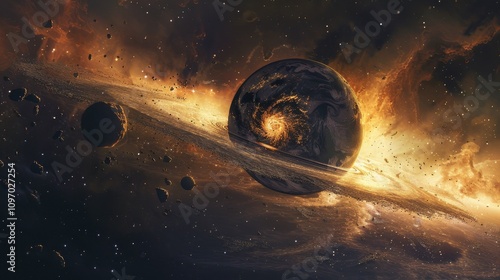 Dramatic imagery of a black hole consuming earth with glowing planet and s shaped accretion disk