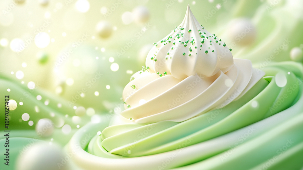 Delightful green tea ice cream swirled with creamy texture and topped with sprinkles, set against soft, dreamy background Delightful green tea ice cream swirled with creamy texture and topped with sprinkles, set against soft, dreamy background