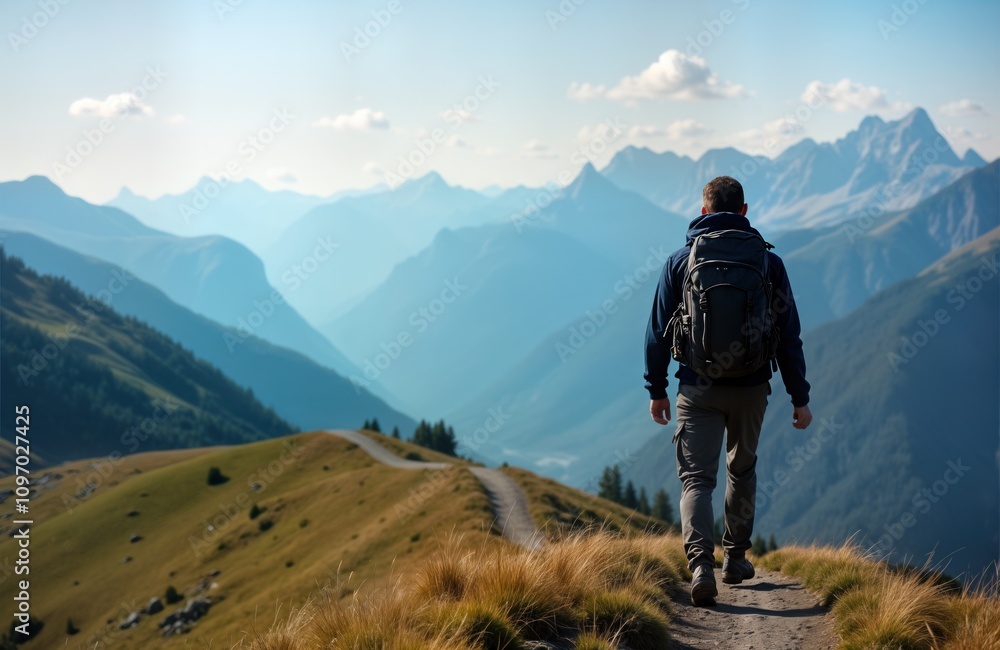 Hiker walks mountain trail. Backpacker enjoys scenic view. Person travels on path. Man explores nature. Adventure in hills. Outdoor activity. Summer landscape. Healthy lifestyle. Hiker walks mountain trail. Backpacker enjoys scenic view. Person travels on path. Man explores nature. Adventure in hills. Outdoor activity. Summer landscape. Healthy lifestyle.