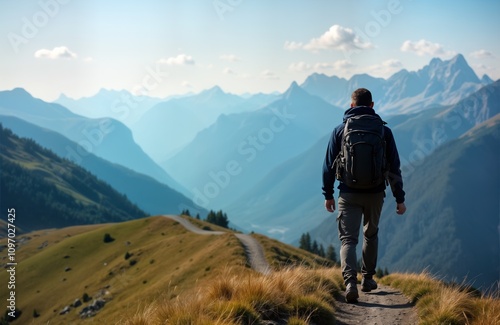 Hiker walks mountain trail. Backpacker enjoys scenic view. Person travels on path. Man explores nature. Adventure in hills. Outdoor activity. Summer landscape. Healthy lifestyle.