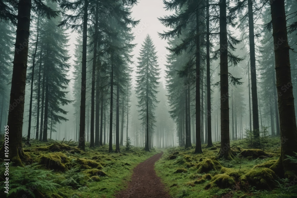 Obraz premium Spectacular scenery of green woodland with tall trees growing against foggy sky