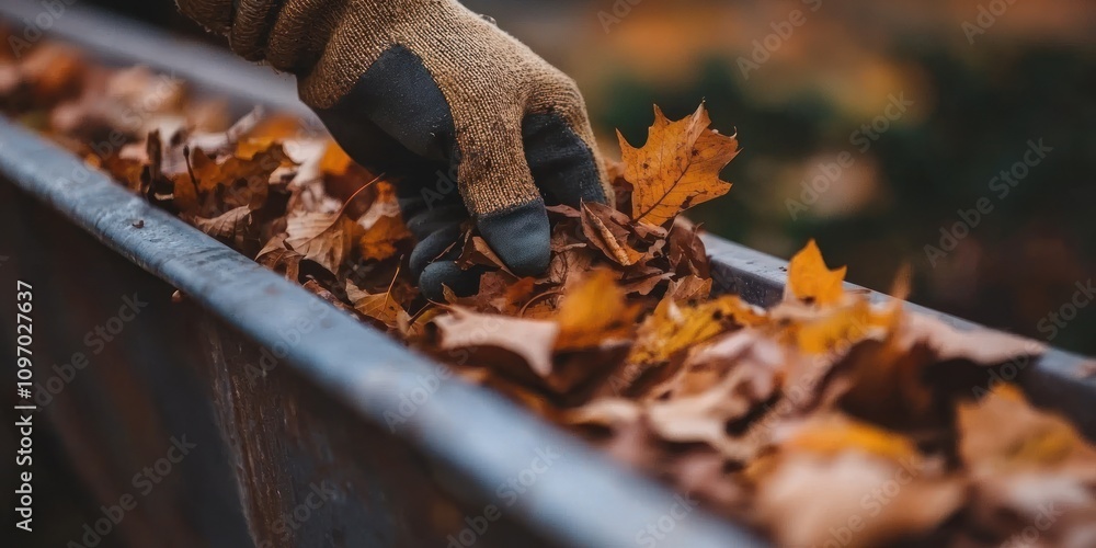 Gloved Hand Carefully Placing Autumn Leaves In Trough Gloved Hand Carefully Placing Autumn Leaves In Trough