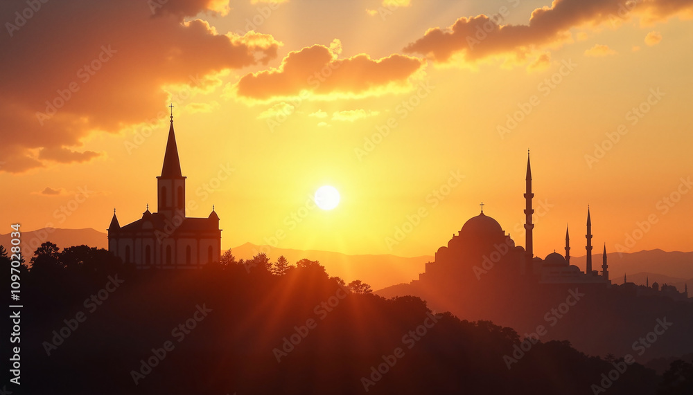 Fototapeta premium Silhouette of a church and a mosque against a vibrant sunset sky