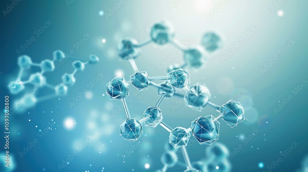 Abstract 3D rendering of a molecular structure with a blue background. Abstract 3D rendering of a molecular structure with a blue background.